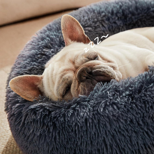 Calming Cat Bed for Indoor Cats, Anti-Anxiety Donut round Dog Bed, Fluffy Faux Fur Washable Pet Bed for Small Medium Dogs and Cats,Bluish Grey,20In