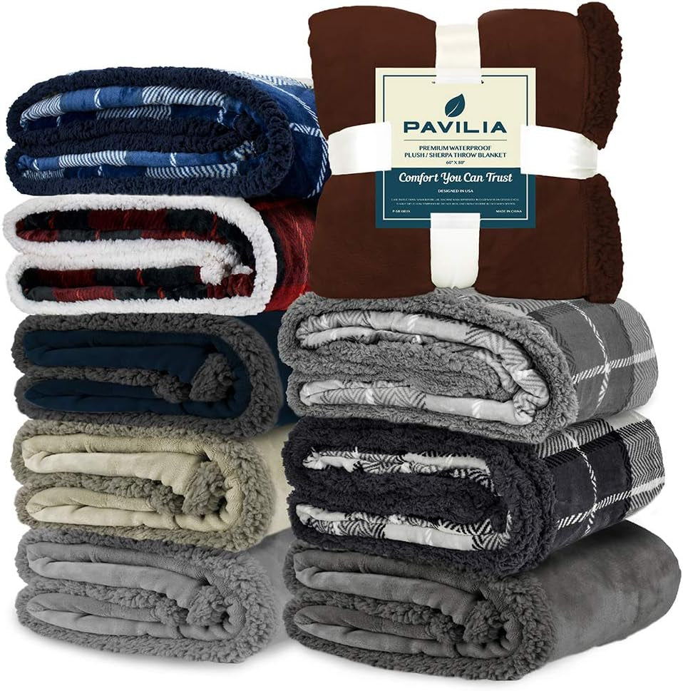 Waterproof Blanket for Couch, Sofa | Waterproof Dog Blanket for Large Dog, Puppy, Cat | Pet Blanket Protector | Plush Soft Warm Fuzzy Sherpa Blanket Bed Throw, Plaid Grey, 60X80