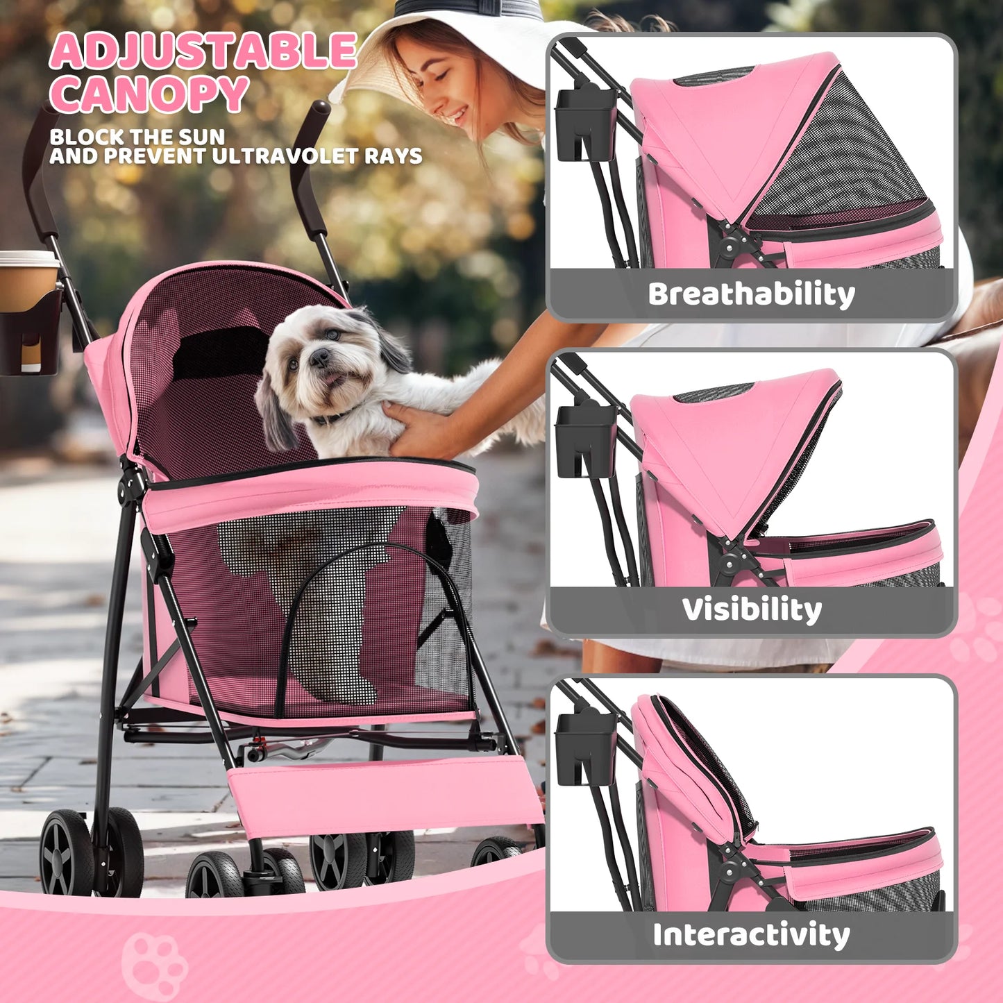 4 Wheel Foldable Lightweight Dog Stroller for Small Medium Dogs, Pet Stroller, (Pink)