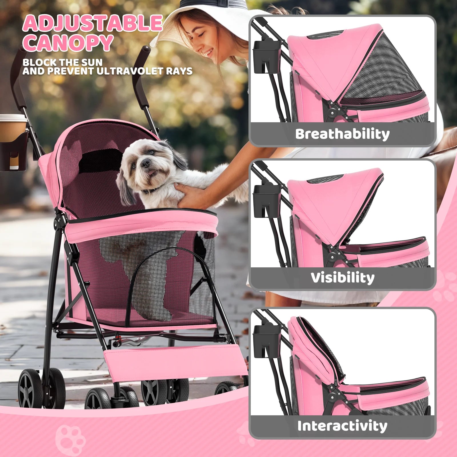 4 Wheel Foldable Lightweight Dog Stroller for Small Medium Dogs, Pet Stroller, (Pink)