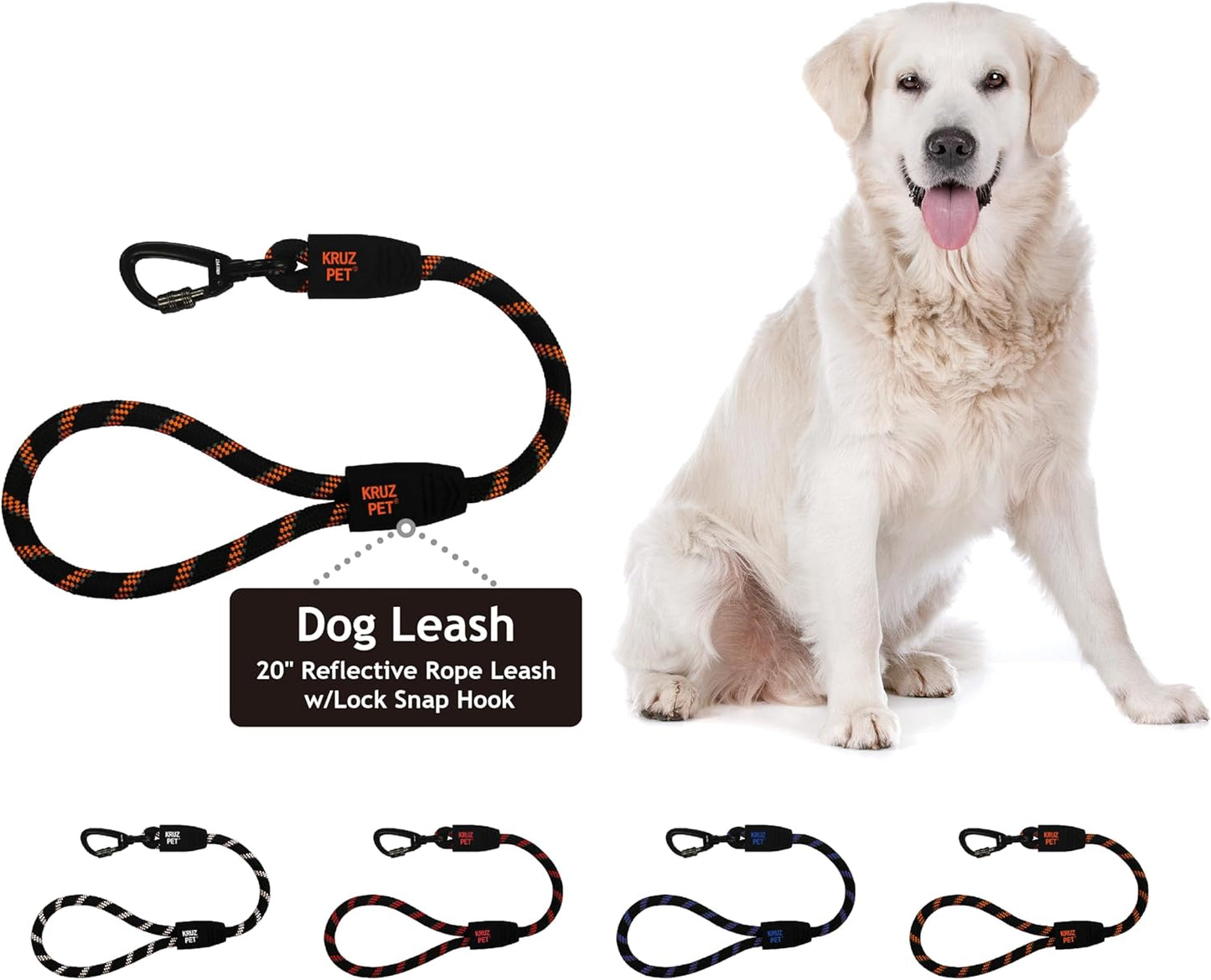 KRUZ Dog Leash (Width - 1/2”, Length - 20 IN) Reflective Rope Lead with Soft Silicone Grip, Click & Lock Snap Lightweight Leash for Dogs, Durable & Tangle-Free for Walking, Running & Training - Orange