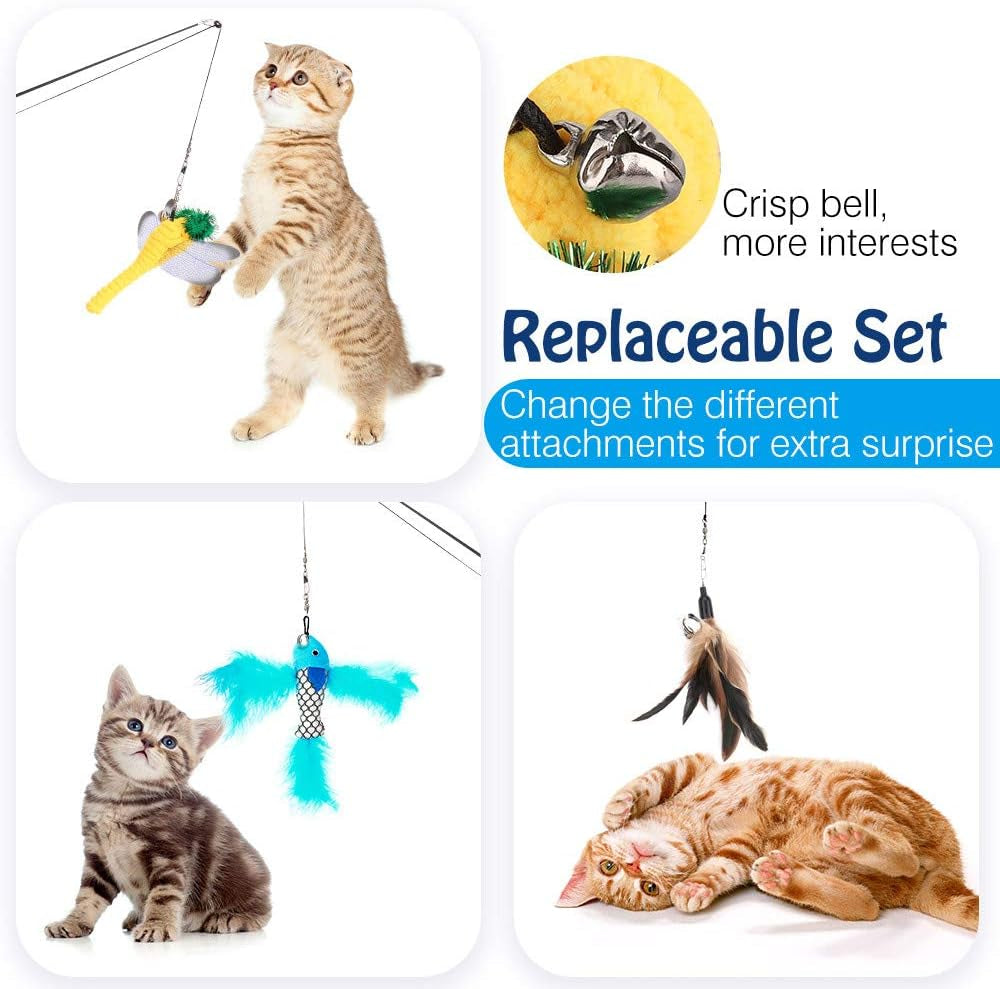 Cat Feather Toys, 4 Pack Interactive Cat Feather Teaser Wand Toys, Retractable Fishing Pole Wand Catcher Exerciser with Refill Fish, Dragonfly Worm with Bells, Fun Cat Kitten Kitty Playing Toy