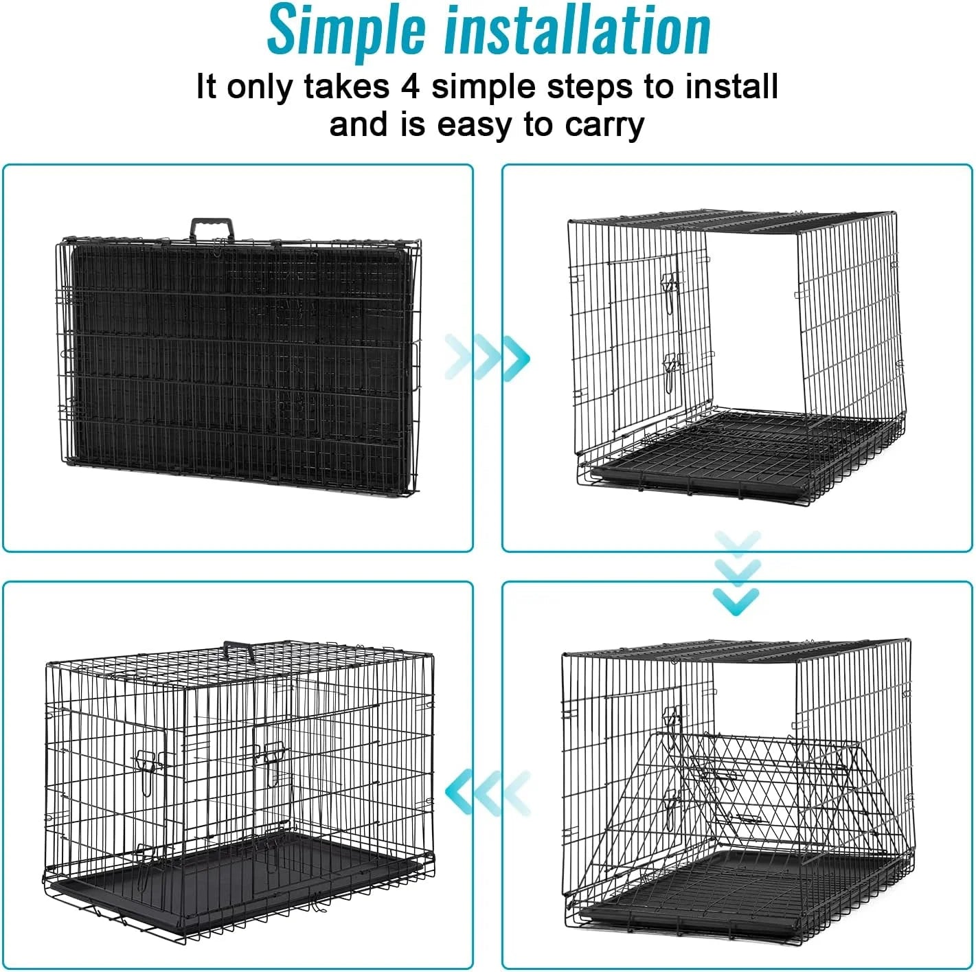 24 Inch Foldable Metal Dog Crate for Small Dogs, Double Door, Divider, Removable Tray(Black)