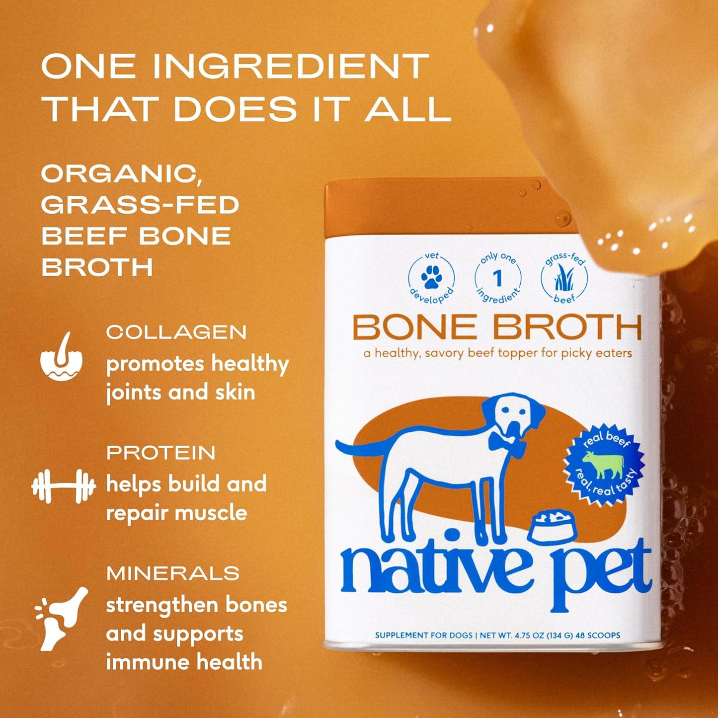 Bone Broth for Dogs and Cats - Made with Real Beef Bone Broth, Dog Food Toppers for Picky Eaters - Provides Extra Hydration & Nutrition for Joint Strength, Immunity & Heart Health-96 Scoops