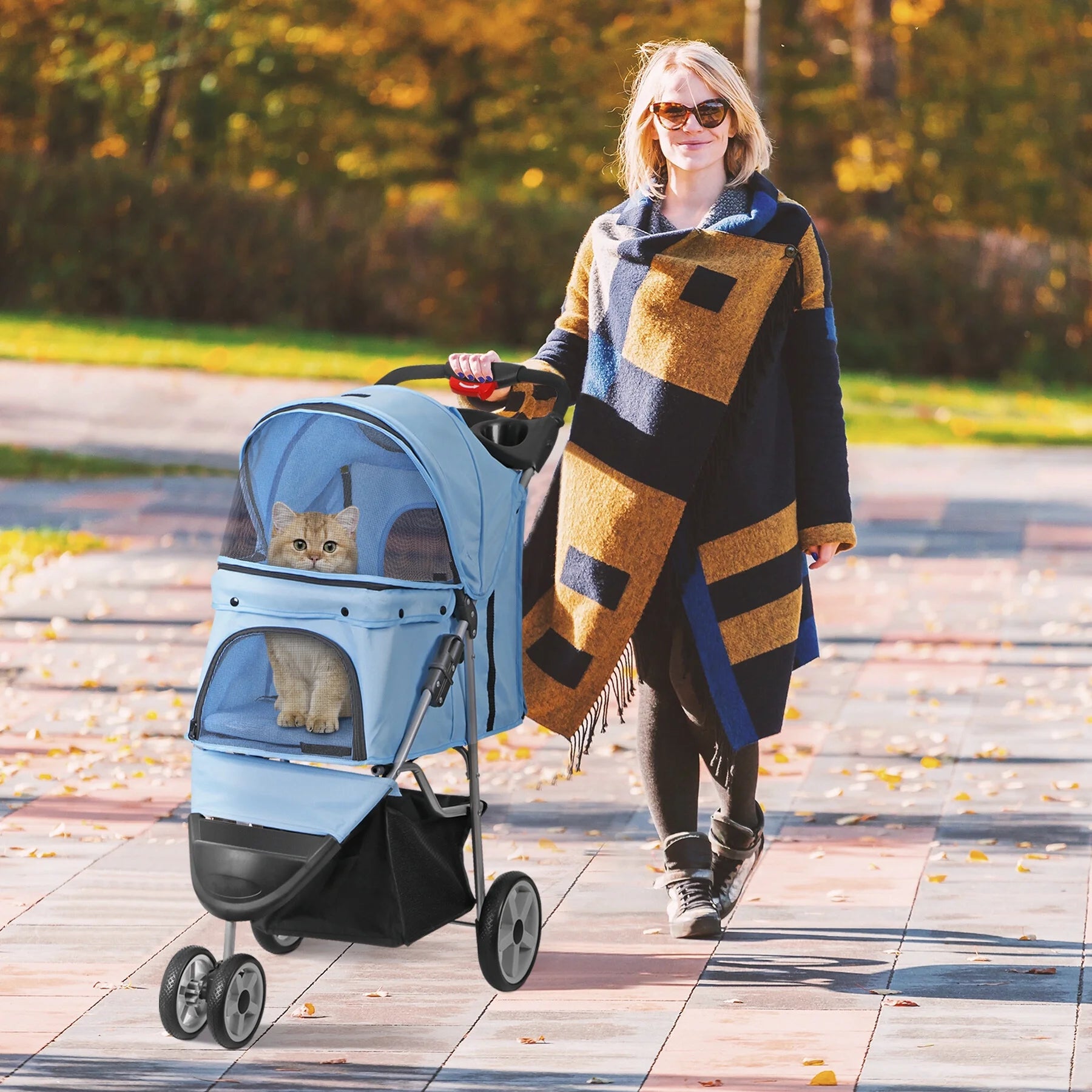 3 Wheels Foldable Pet Stroller for Small Dog Max. 33Lbs W/Storage Basket, Blue