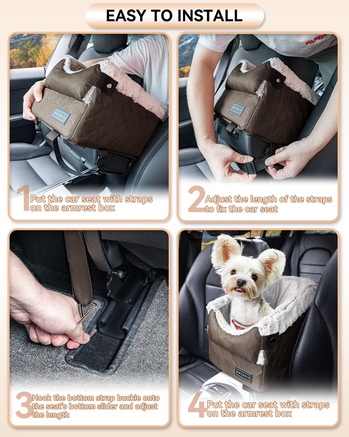 Center Console Dog Car Seat with Safe Protection Hooks, Pet Car Seat with Upgraded Safety Tethers, Washable Cushion, Console Dog Car Seats for Small Dogs (Coffee)