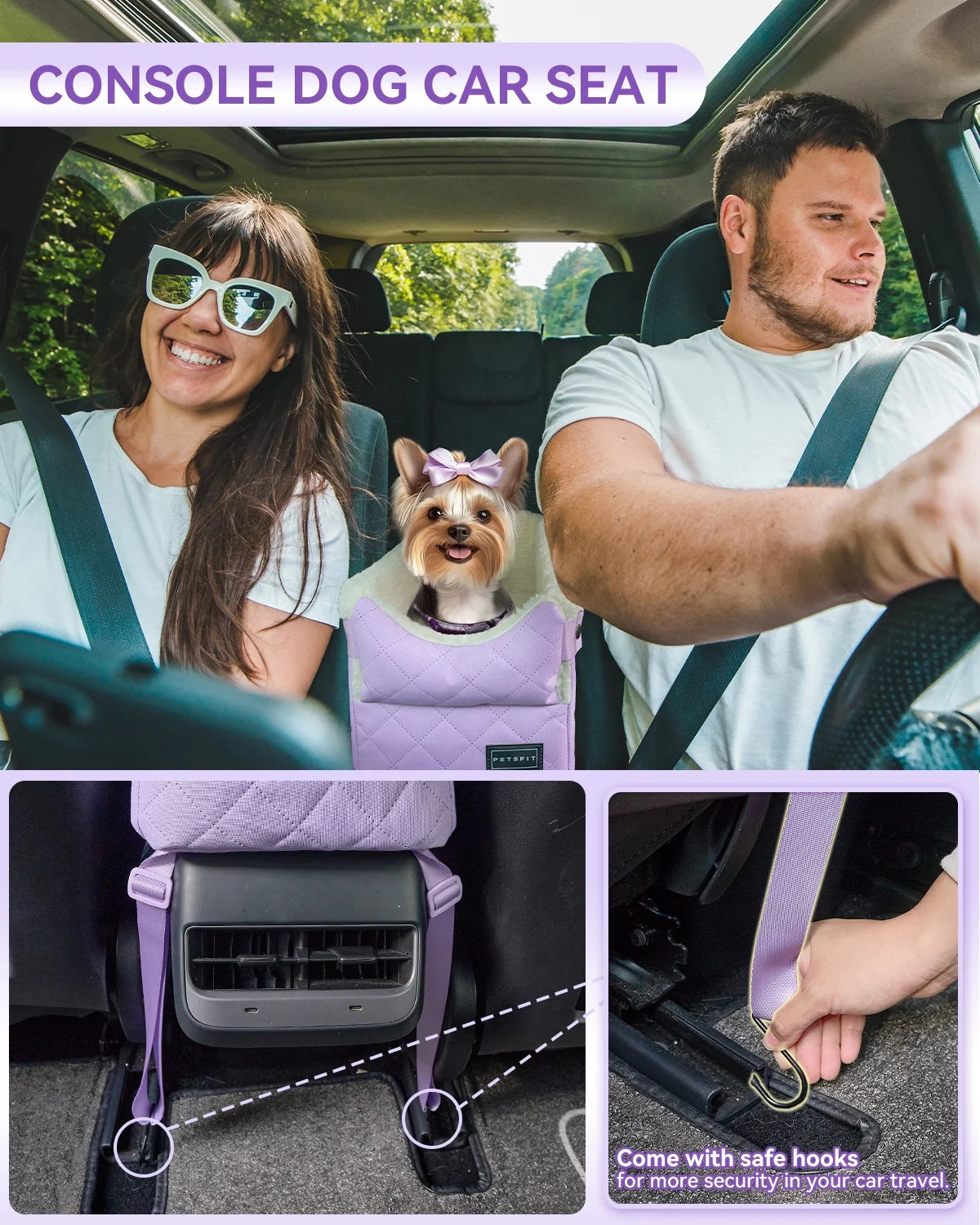 Cat Car Seat with Safe Protection Hooks, Center Console Dog Car Seat with Upgraded Safety Tethers, Washable Cushion, Dog Car Seats for Small Dogs up to 9 Lbs (Purple)