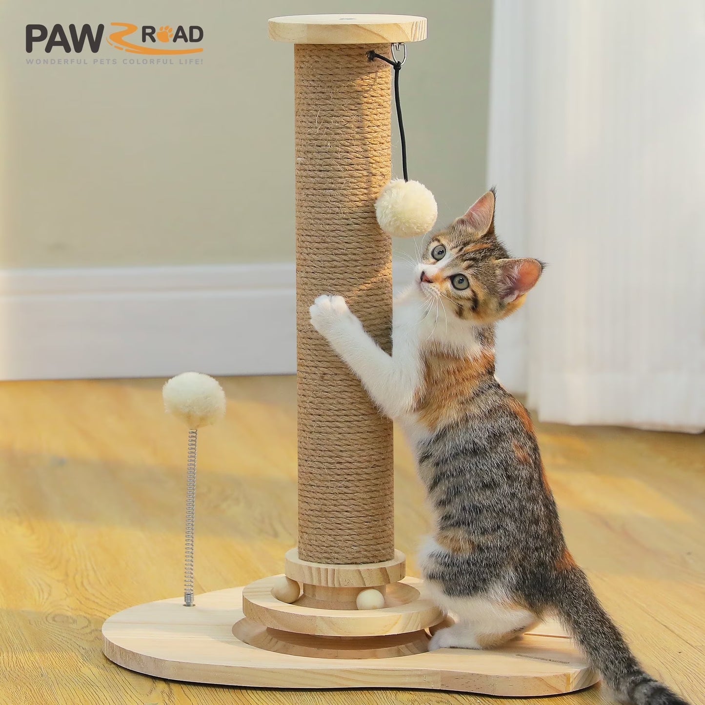 19.3" Cat Scratching Post with Ball Track Toy for Kittens and Small Cats, Beige