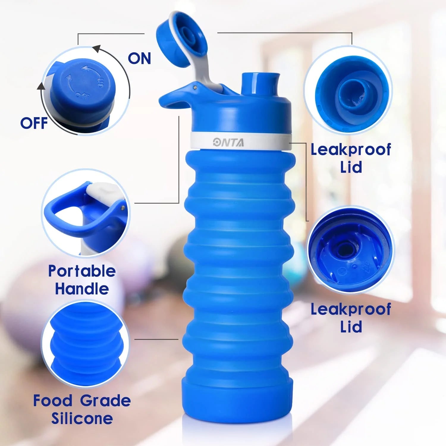 Collapsible Water Bottle- BPA Free Silicone Foldable Water Bottle for Travel,Silicone Portable Leak-Proof Travel Water Bottle 20Oz, Blue