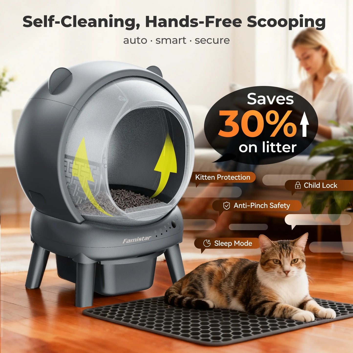 Automatic Cat Litter Box Self Cleaning, 100+15L Large Litter Box with Liner, Odor Removal, 2.4G Wifi APP Control/Integrated Safety Protection, Litter Mat