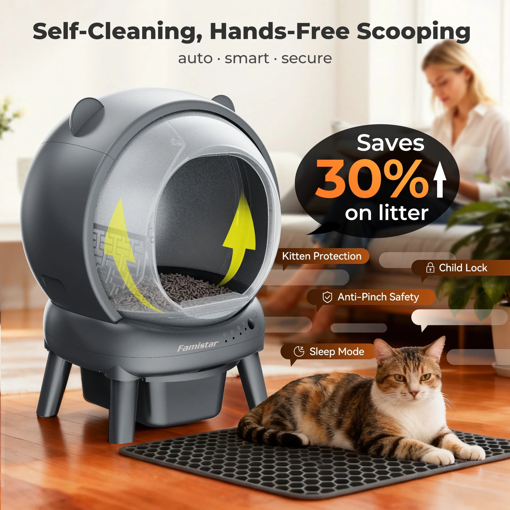 Automatic Cat Litter Box Self Cleaning, 100+15L Large Litter Box with Liner, Odor Removal, 2.4G Wifi APP Control/Integrated Safety Protection, Litter Mat