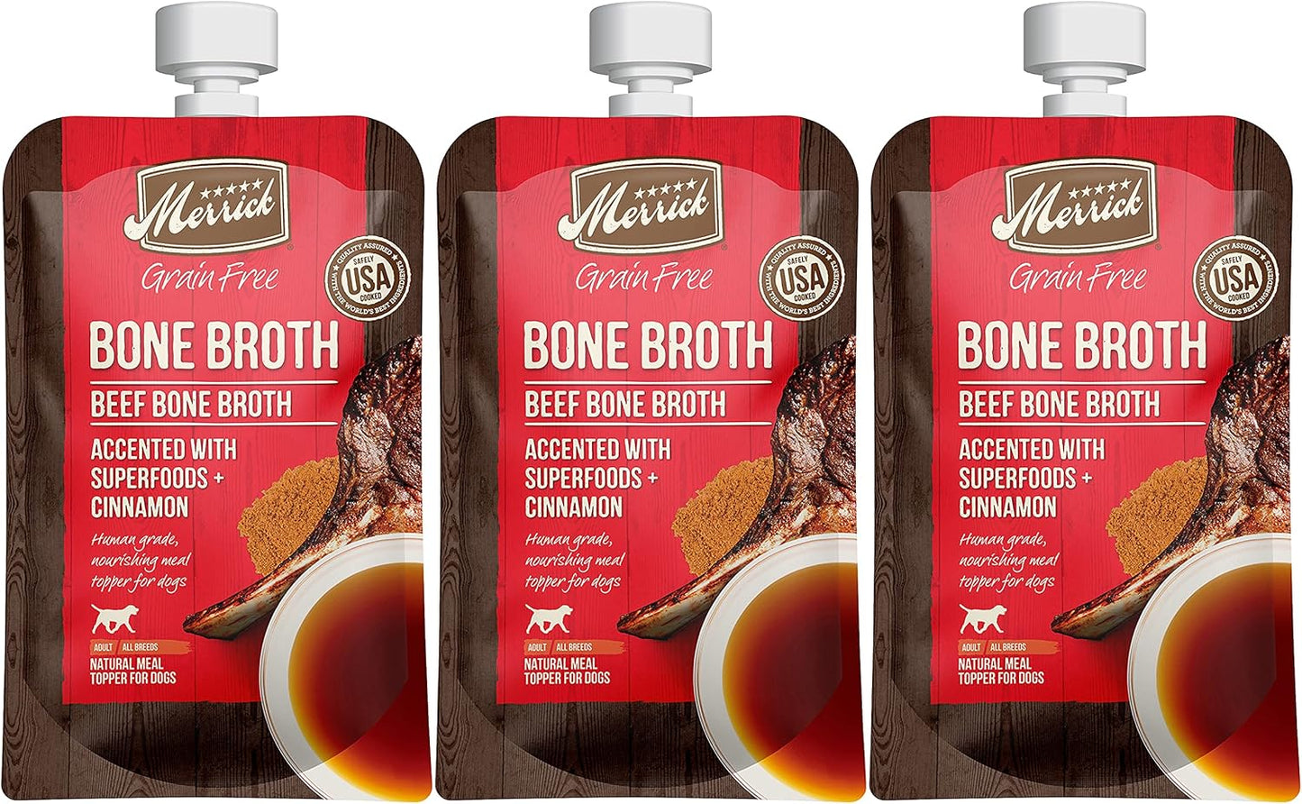 Grain Free Bone Broth Natural Meal Topper for Dogs, Accented with Superfoods & Cinnamon, for Adult Dogs of All Breeds Beef, 7 Ounce,(Pack of 3)