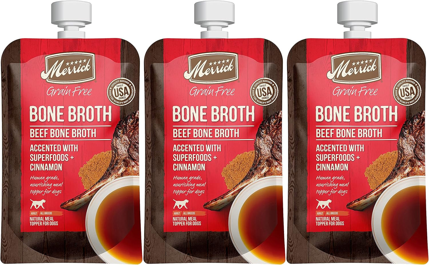 Grain Free Bone Broth Natural Meal Topper for Dogs, Accented with Superfoods & Cinnamon, for Adult Dogs of All Breeds Beef, 7 Ounce,(Pack of 3)