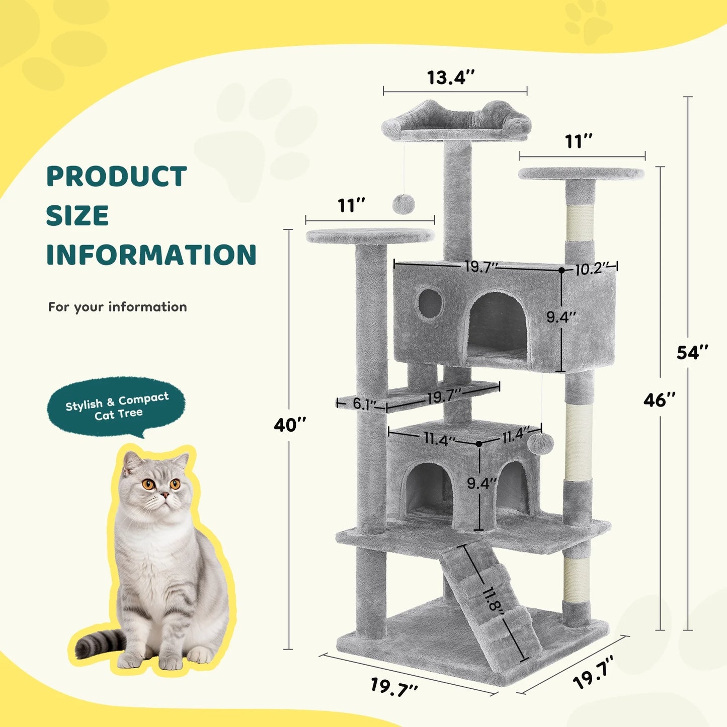 54" Cat Tree Tower Multi-Level with Scratching Post, Large Condo for Indoor, Light Gray