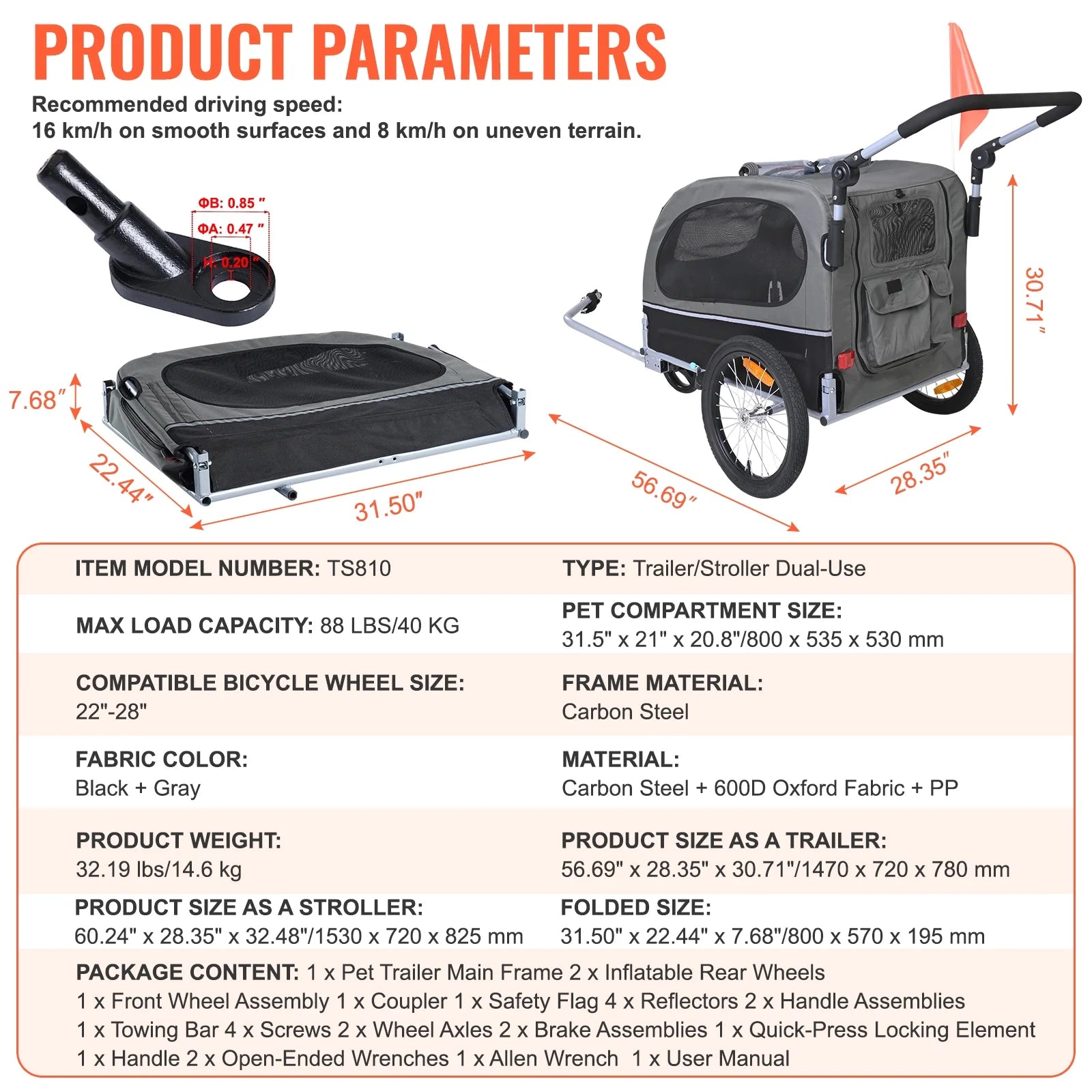 Pet Bike Trailer, up to 88 Lbs Capacity, Dual-Function Dog Stroller and Bicycle Hitch, Foldable Frame with Snap-On Wheels, Includes Bike Attachment, Safety Reflectors, and Flag, Black/Gray