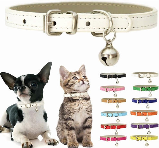 Cat Collar with Bell, Soft Pu Leather Small Dog Collars Adjustable Buckle for Extra Small Medium Tiny Female Male Boys Girls Pets Puppy Kitten Teacup Yorkie