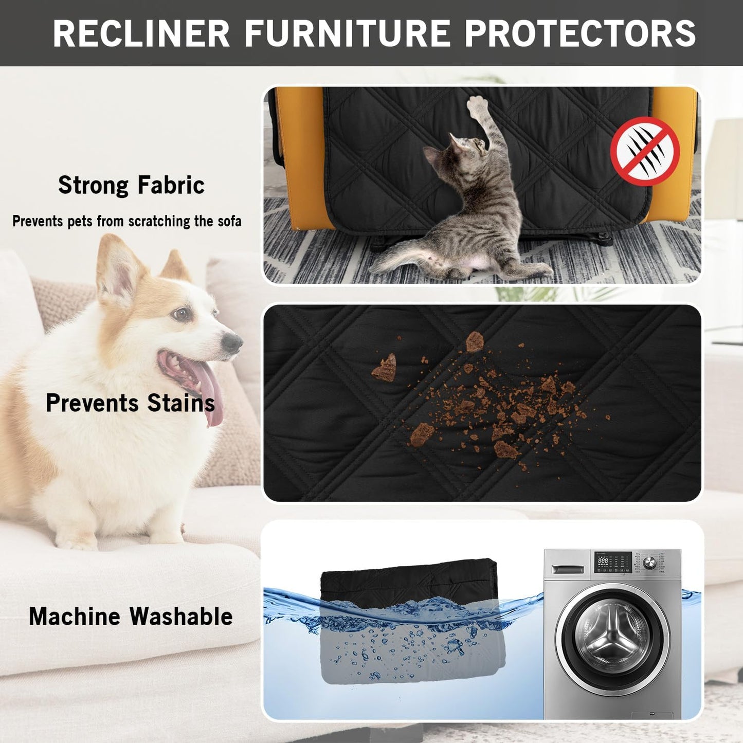 Recliner Chair Covers Waterproof with Non-Slip Furniture Protector Sofa Slipcover for Children, Sofa Covers for Dogs (Black, 23'')