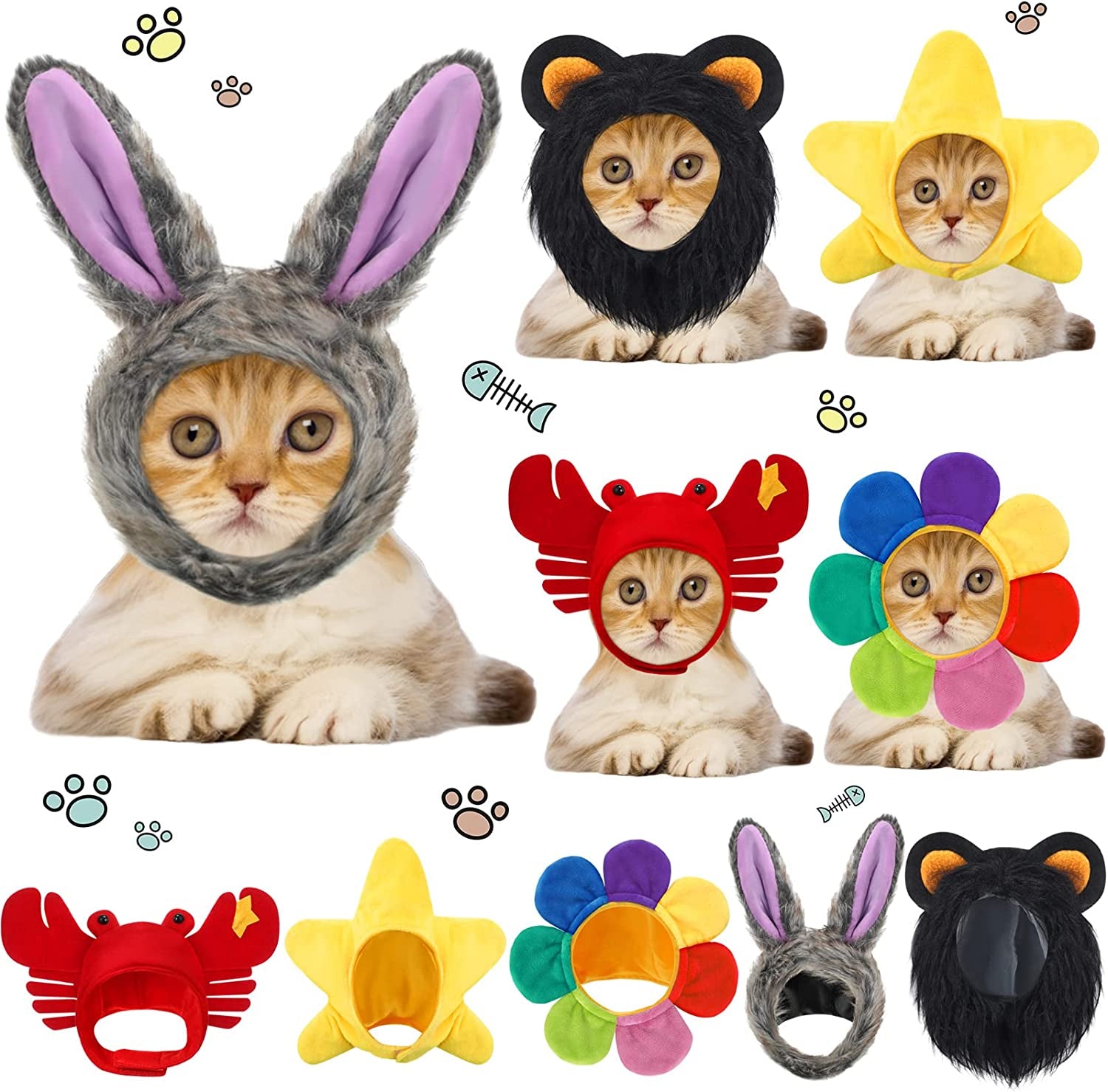 5 Pieces Cat Hat Dog Costume Cute Bunny Rabbit Hat with Ears Headwear Lion Mane Cap Valentine New Years Day Party Accessory for Kitten Puppy Dress up Adjustable Birthday Party