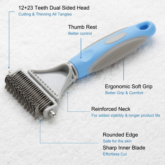 Pet Dematting Comb - 2 Sided Undercoat Rake for Cats & Dogs - Safe Grooming Tool for Easy Mats & Tangles Removing - Medium and Long Haired Cats Dogs Brush for Shedding