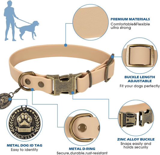 Dog Collar and Leash Set, Waterproof Adjustable Puppy Collars with Cute Tag 5FT Dog Leash with Poop Bag for Small Medium Large Dogs (M, Sand Color)
