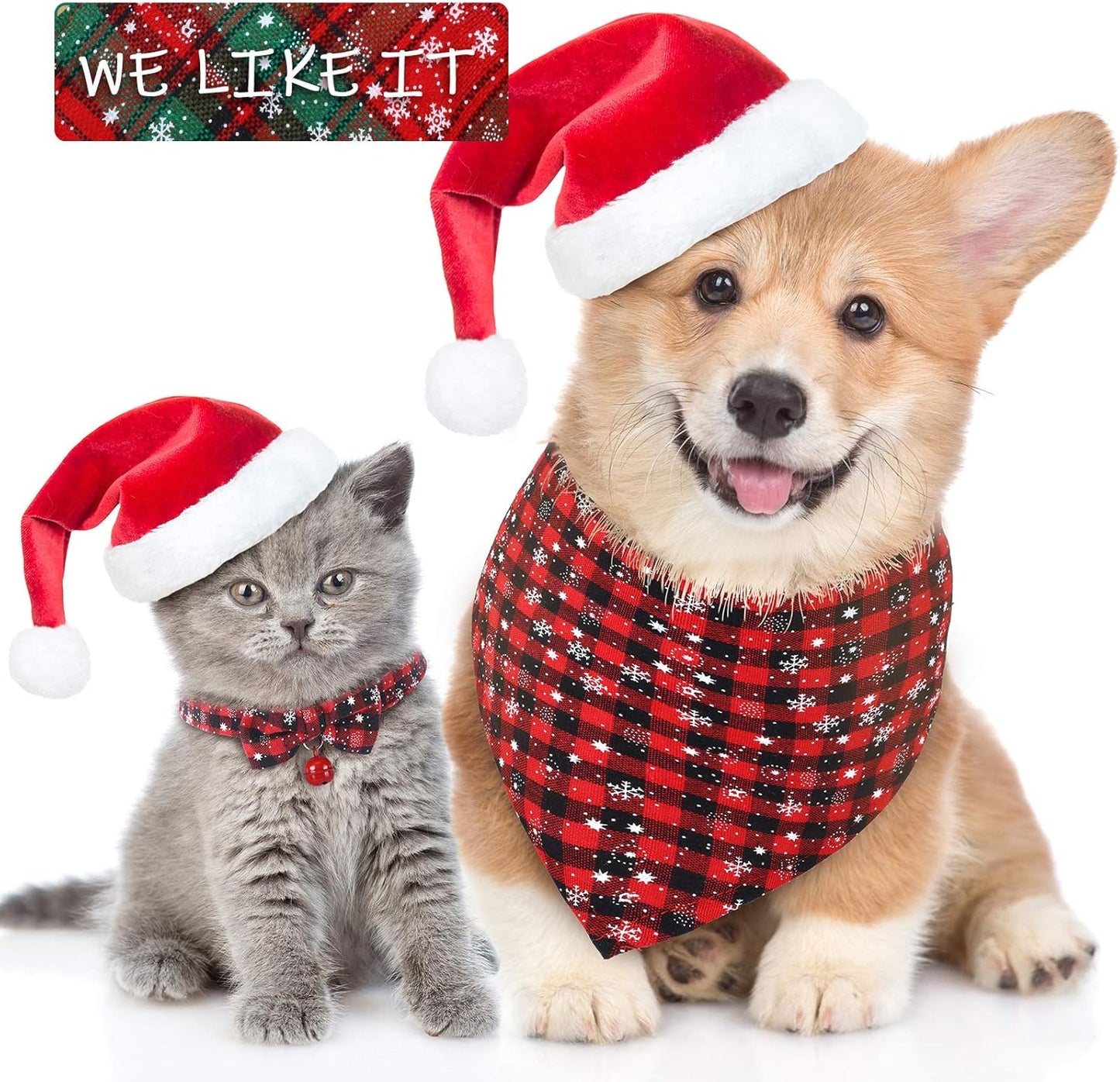 4 Pieces Christmas Dog Bandanas and Collars Set Xmas Christmas Classic Plaid Dog Neck Tie Triangle Bib Scarf Kerchief Adjustable PET Bow Tie with Safety Bell Costume for Cat(S,Stylish Style)