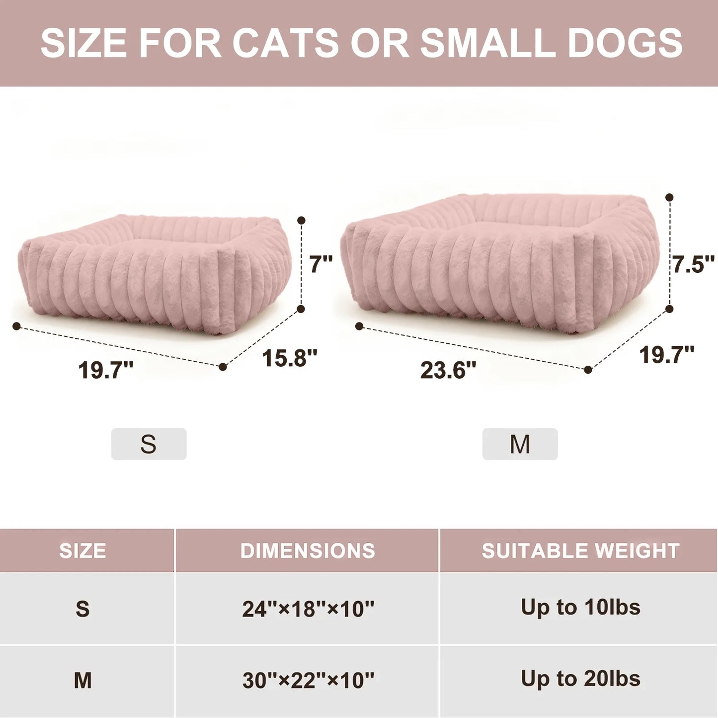 Cat Bed for Indoor Cats Furry Corduroy Fleece Orthopedic Pet Bed Sofa Removable Washable Cover Non Skid Bottom, Pink