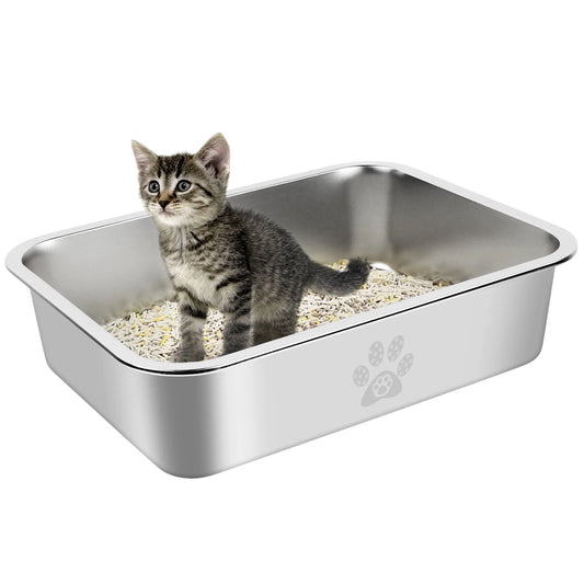 Cat Litter Box with High Sides Large Stainless Steel Cat Litter Pan 15.7" X 11.8" X 3.9"