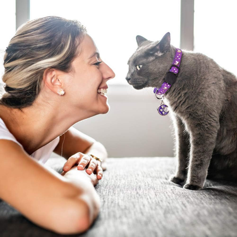 2Pcs Breakaway Cats Collars Cat Collars for Boy & Girl Cats Moons Adjustable Kitten Collars with Bell & Pendant Glow in the Dark,Purple+Black