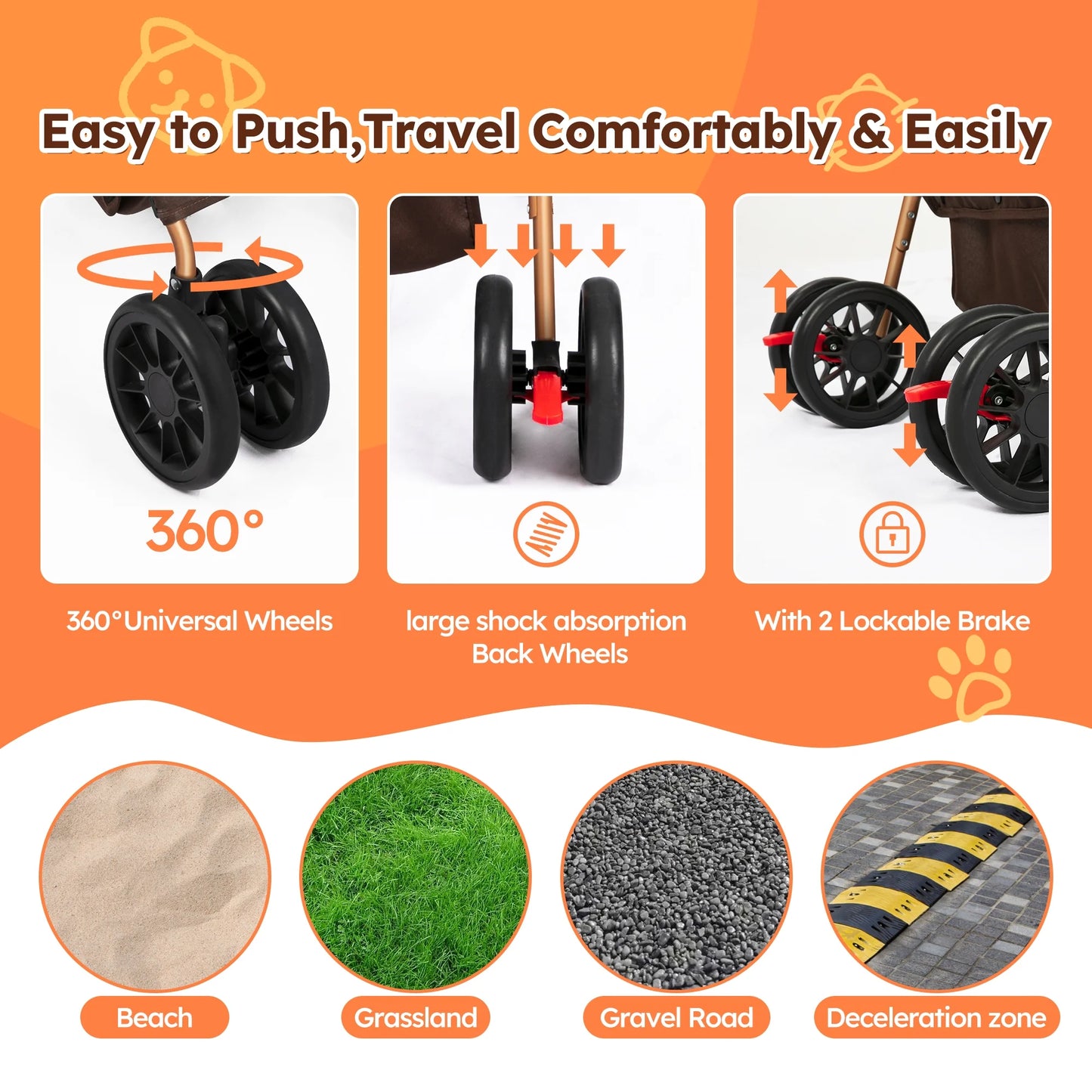 3-In-1 Pet Stroller, Foldable 4-Wheel Cat & Dog Stroller with Detachable Carrier, Canopy and Storage Basket, up to 60Lbs, Brown