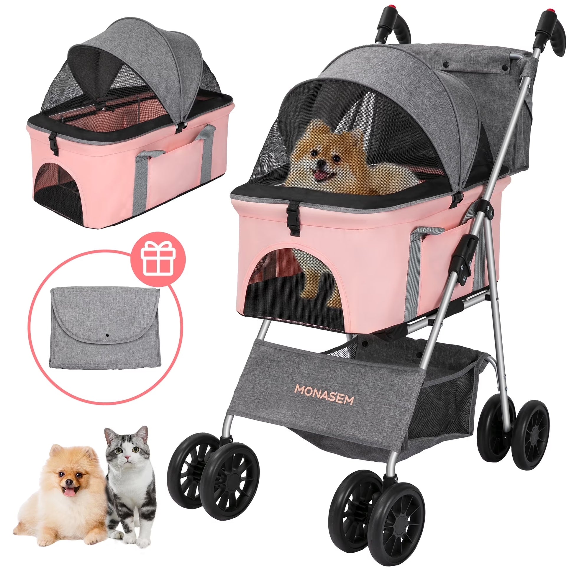 4 Wheels Foldable Pet Stroller 3 in 1 with Waterproof Detachable Pets Travel Carrier for Small/Medium Dogs Cats up to 60Lbs, Pink