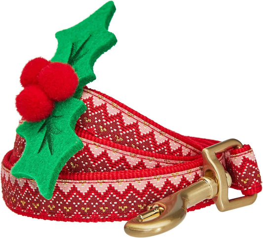 Christmas Zigzag Chevron Dog Leash with Holly Décor, 5 Ft X 5/8", Small, Leashes for Dogs