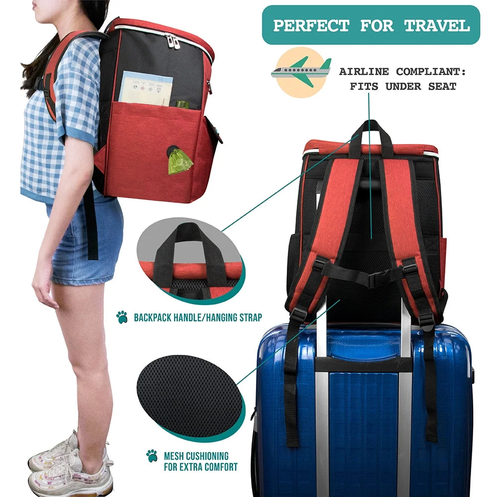 Dog Travel Bag Backpack, Airline Approved Dog Bags for Traveling, Puppy Diaper Bag Supplies, Pet Camping Essentials Hiking Accessories Dog Mom Gift, Food Container, Collapsible Bowls, Red