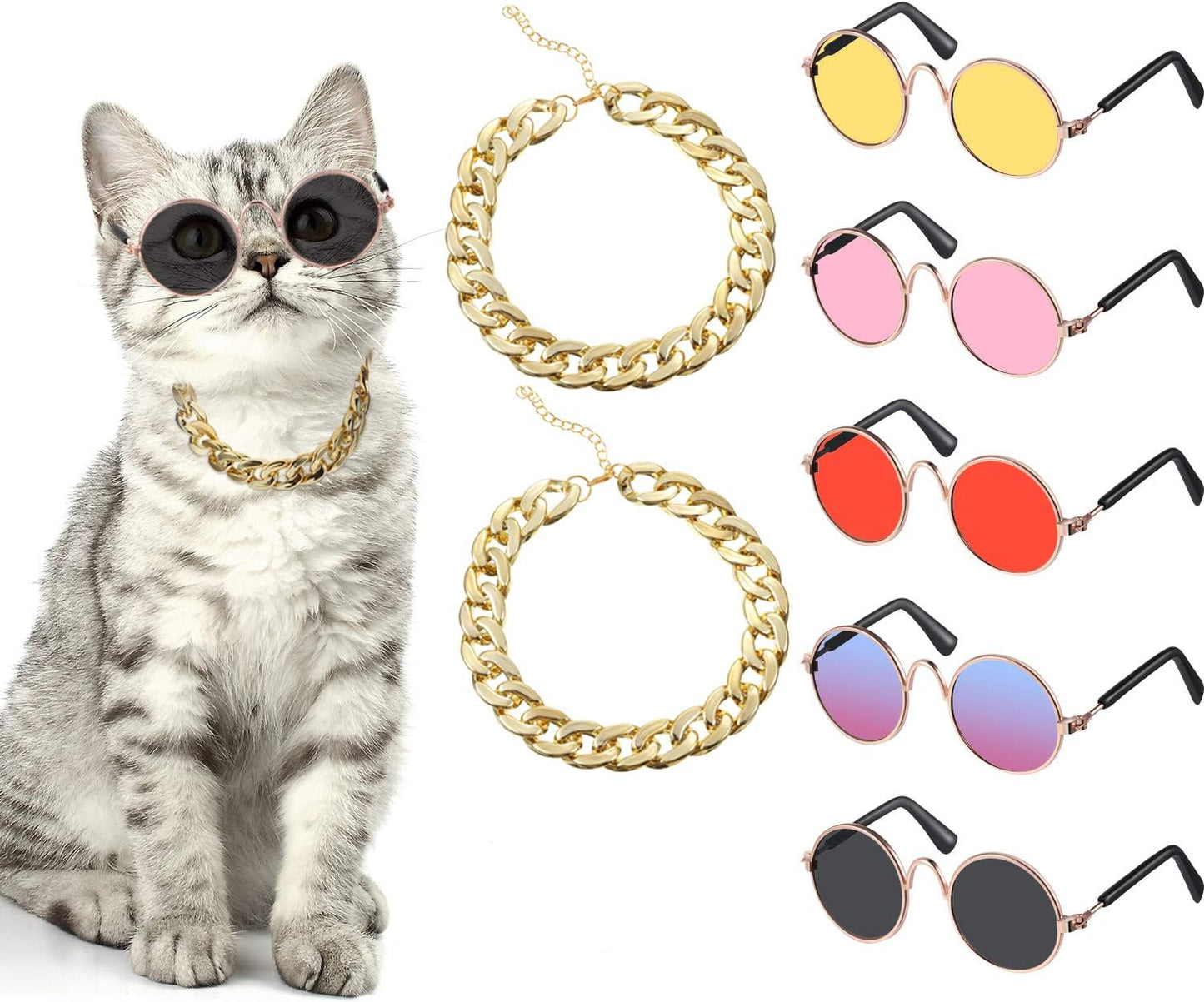 7 Pcs Dog Sunglasses Cats Sunglasses with 2 Gold Chain Retro round Metal Glasses Funny Cute Cosplay Costume for Small Pet(Vivid Colors,Lovely Style)