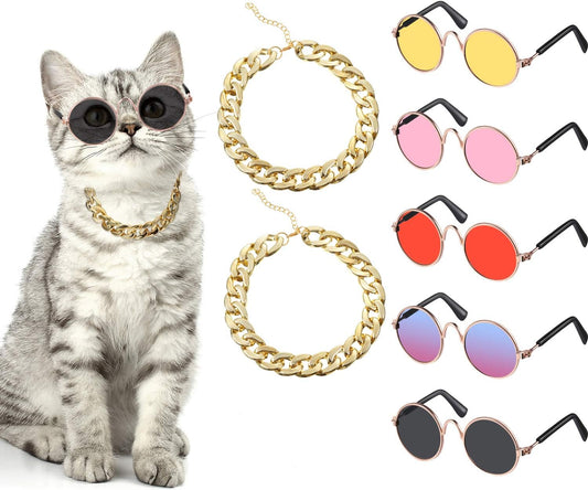 7 Pcs Dog Sunglasses Cats Sunglasses with 2 Gold Chain Retro round Metal Glasses Funny Cute Cosplay Costume for Small Pet(Vivid Colors,Lovely Style)