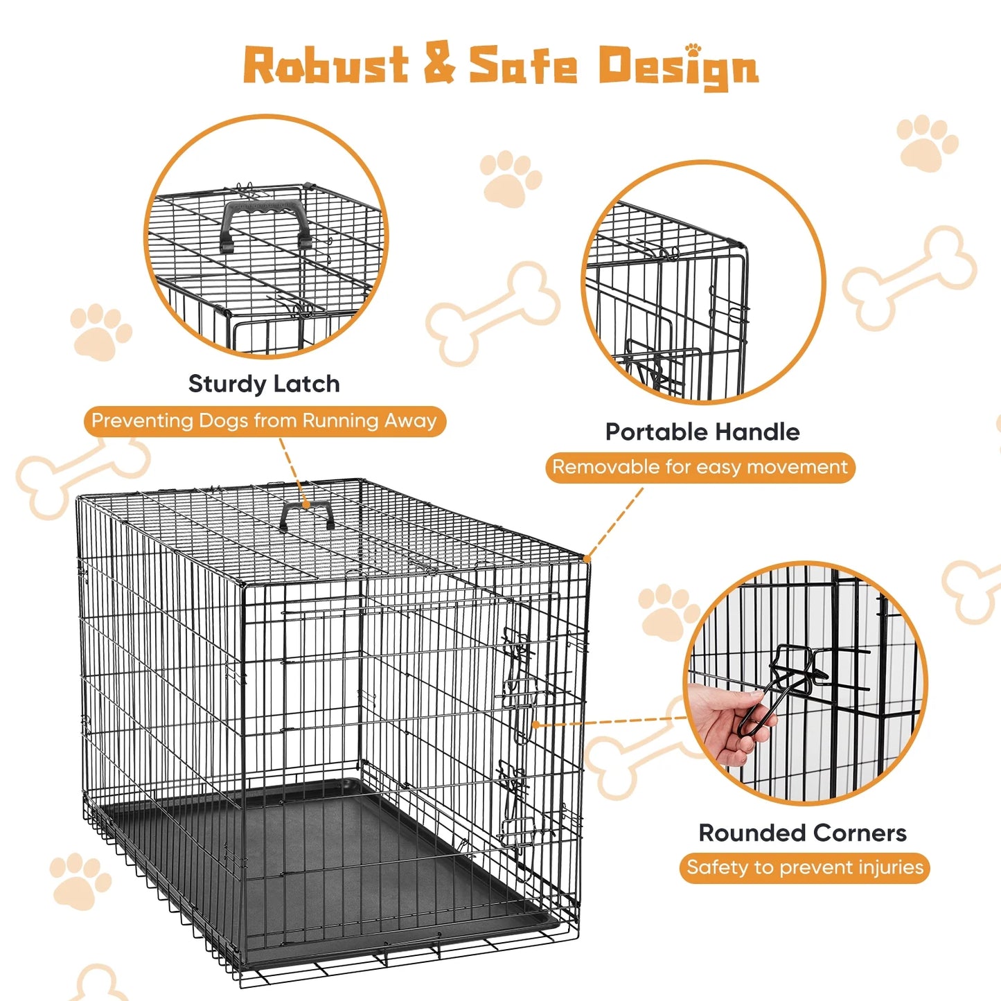 Big Dog Crate with Divider Panel, 48 Inch Double Door Folding Metal Wire Dog Cage with Plastic Leak-Proof Pan Tray