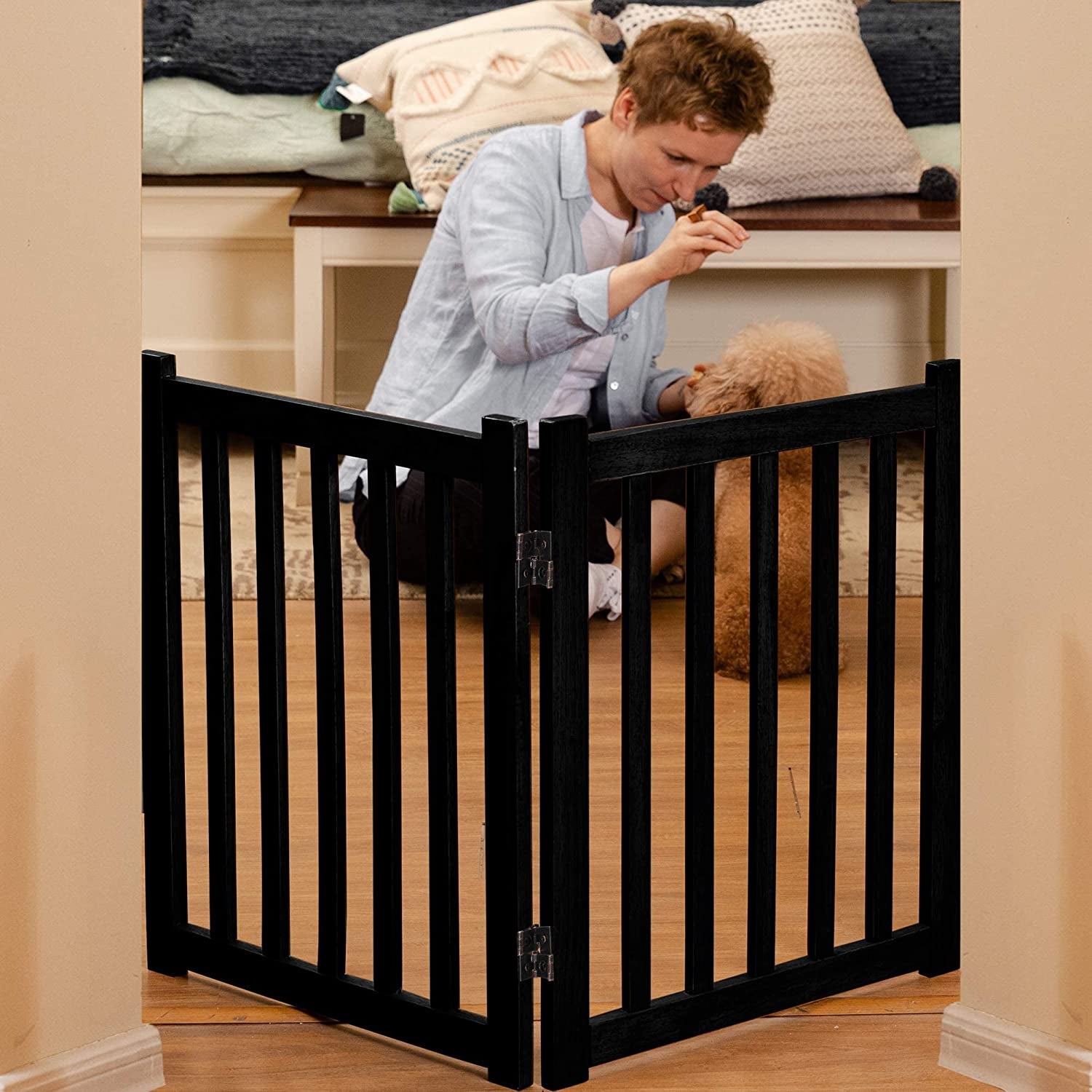 2-Panel Wooden Free Standing Foldable Dog Gate Indoor – Solid Hardwood 24" High, Step-Over Safety Pet Gate for Doorways, Stairs & Small Spaces - Indoor Use, Black