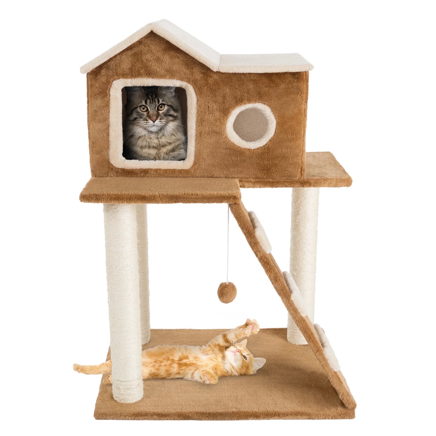 35In Cat Tree with Ladder, House, Scratch Posts, and Toy (Brown)