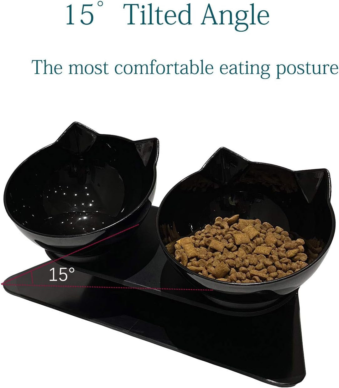 Double Elevated Cat Bowls with Raised Stand, 15 Tilted Cat Bowl Design Neck Guard Stand Raised Pet Food Water Feeder Bowl for Cats or Small Dogs