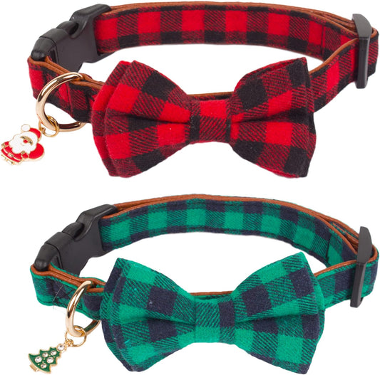 Christmas Dog Collar with Bow, Removable Bowtie, Adjustable Red Green Plaid Christmas Collars for Medium Large Dogs (Large)