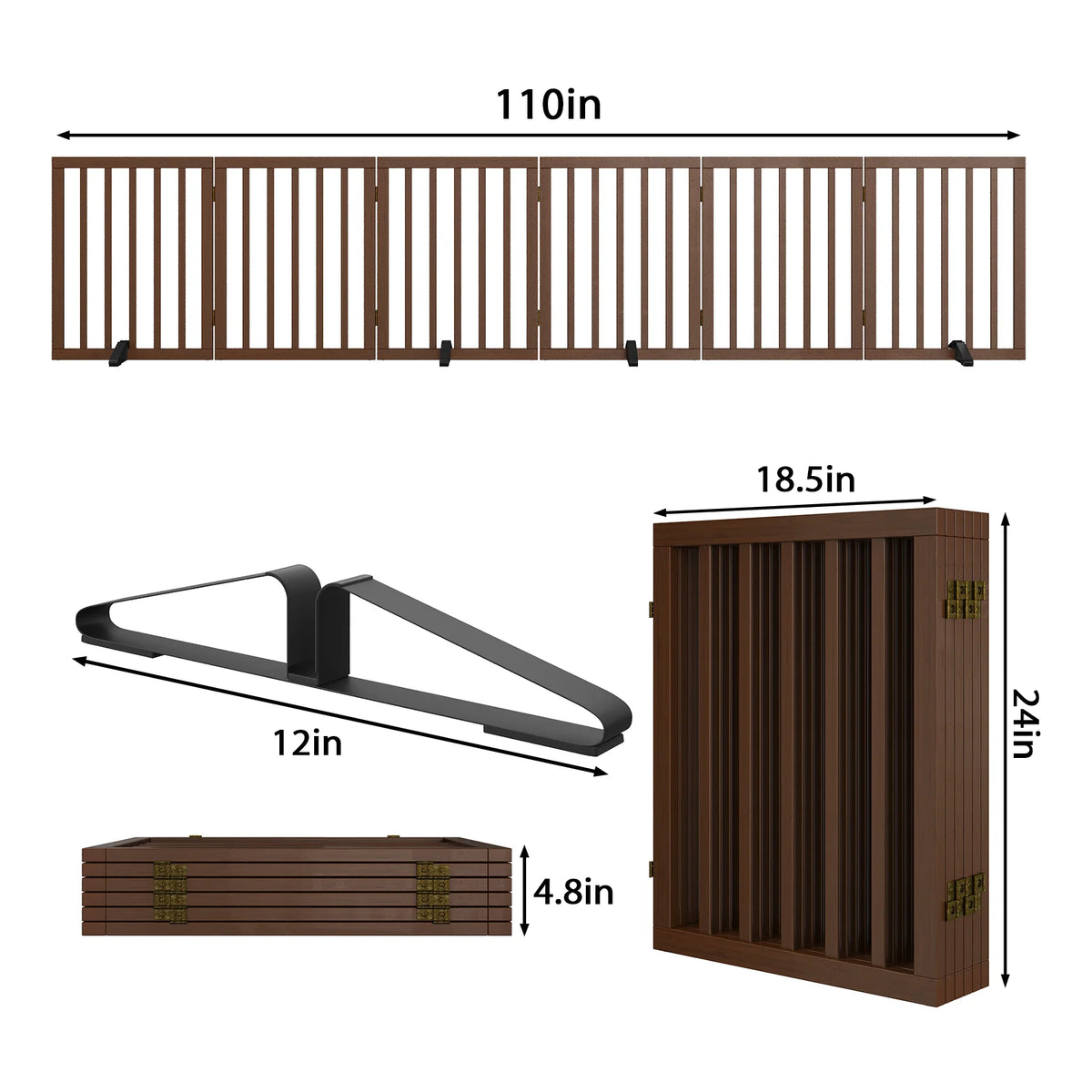 Bamboo Dog Gate Freestanding 6 Panel Pet Gate for Doorways, 4 Support Feet, Espresso