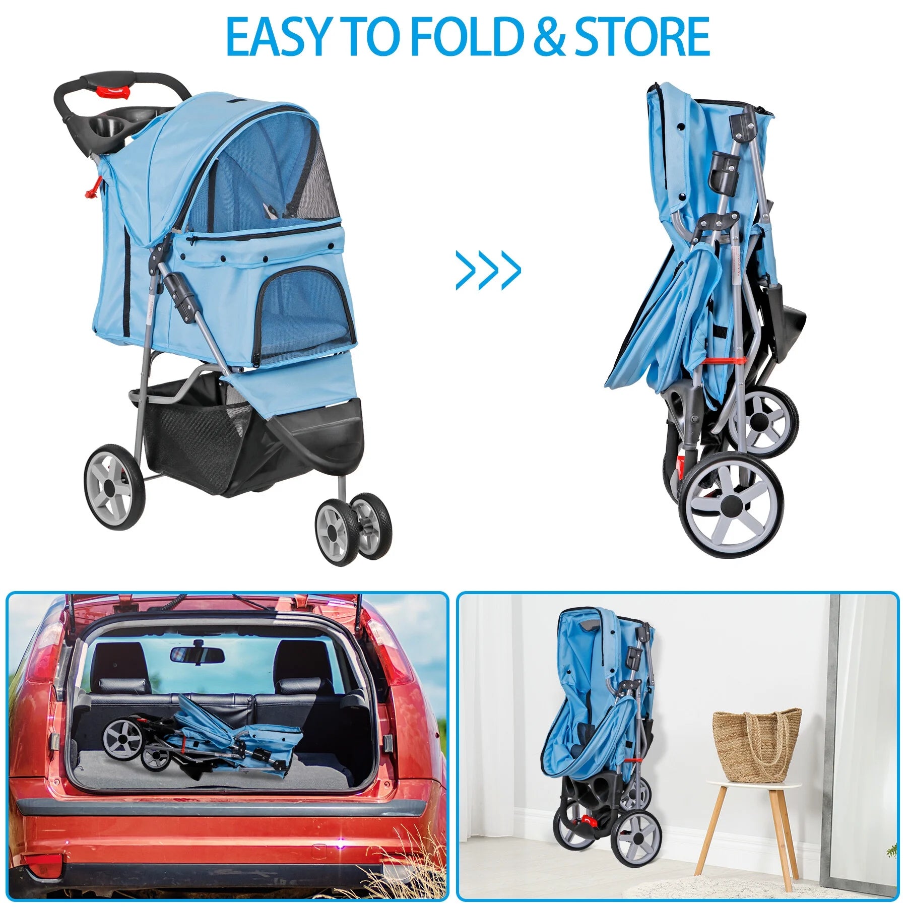 3 Wheels Foldable Pet Stroller for Small Dog Max. 33Lbs W/Storage Basket, Blue