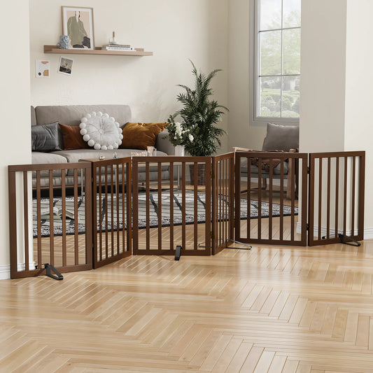 Bamboo Dog Gate Freestanding 6 Panel Pet Gate for Doorways, 4 Support Feet, Espresso