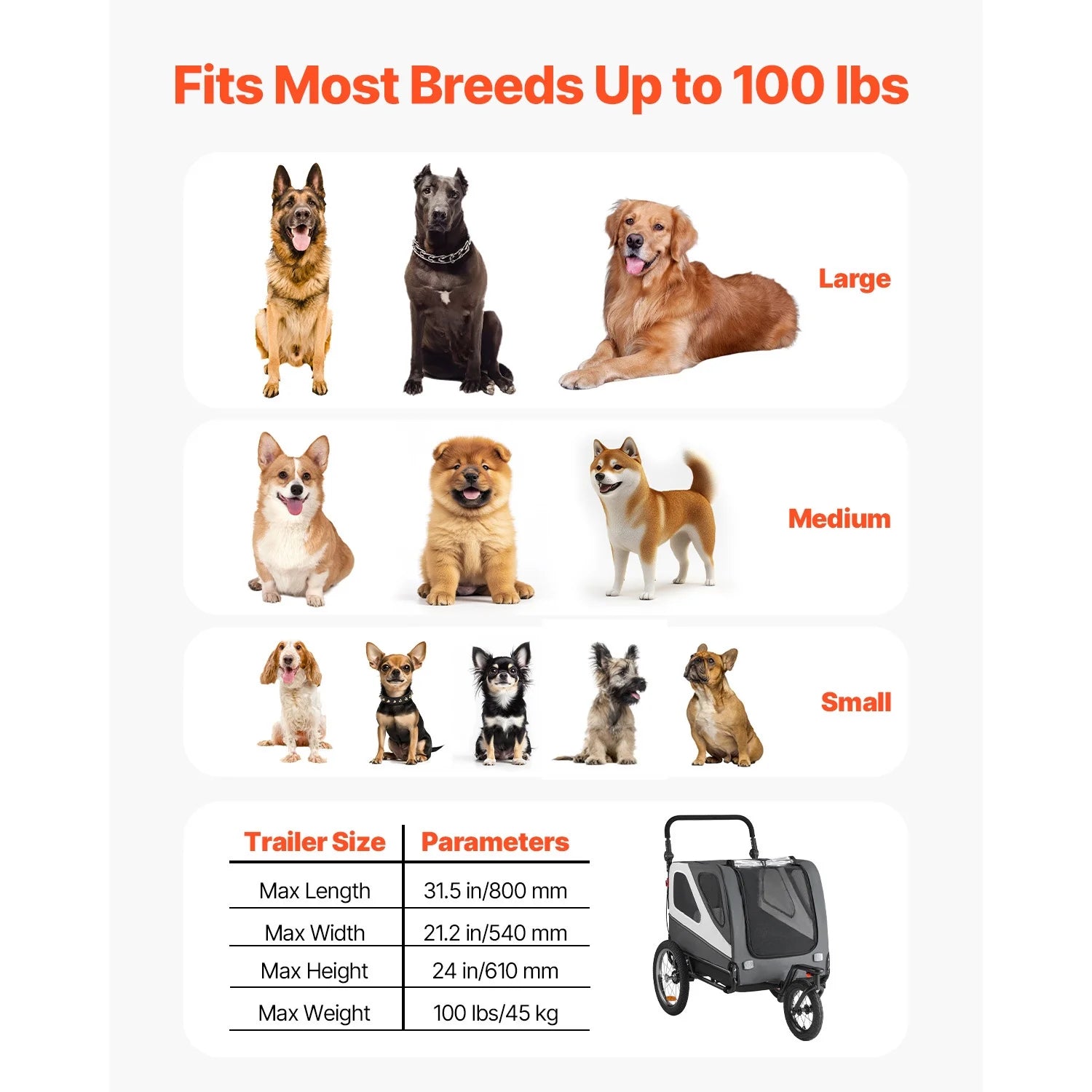 Dog Bike Trailer, Holds up to 100 Lbs, 2-In-1 Pet Stroller and Bicycle Carrier for Small and Large Dogs, Foldable Frame with Quick-Release Wheels, Universal Bike Hitch, Built-In Safety Leash