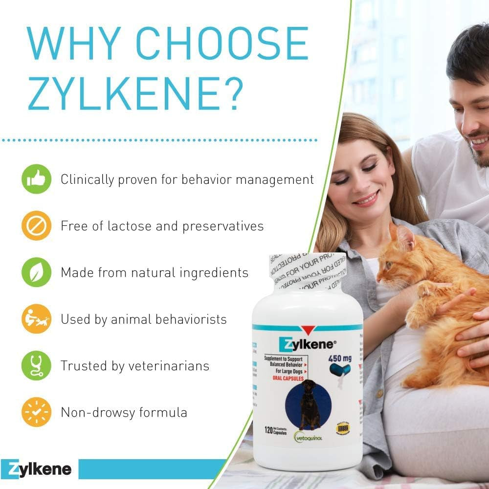 Zylkene Calming Support Supplement for Large Dogs 33-132Lbs, Promotes Relaxation, Reduces Stress, and Supports Occasional Anxiety Relief for Dogs, 450Mg - 120 Capsules