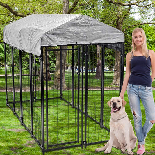 Large Dog Kennel Outdoor 8'L X 4'W X 6'H, Extra Large Welded Wire Pet Cage Playpen with UV Protection Waterproof Roof Heavy Duty Galvanized Metal Dog Run Enclosure for Outside
