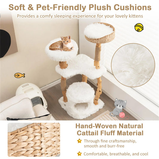 49" Solid Wood Cat Tree Tower for Indoor, Modern Cat Condo with Scratching Post, Cat Climbing Tree House Furniture, White