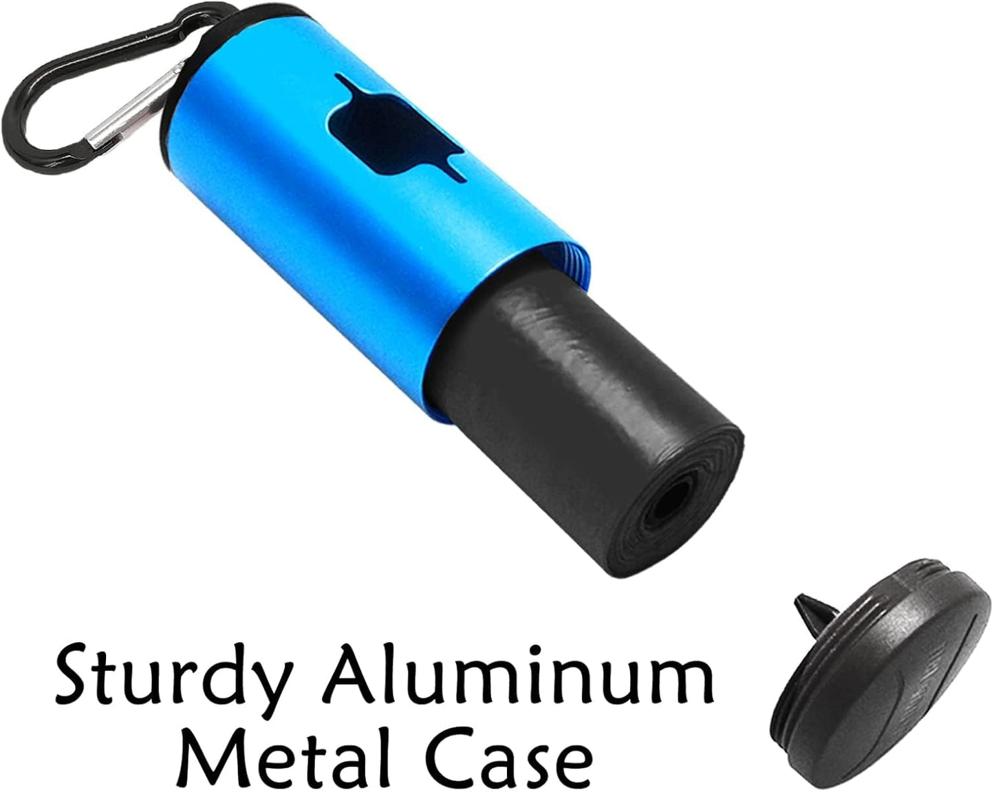 Aluminum Dog Poop Bags Holder with Carabiner Metal Pet Waste Bags Dispenser with Hook and Loop Fastener and Elastic Cord to Carry Used Bags (Blue)