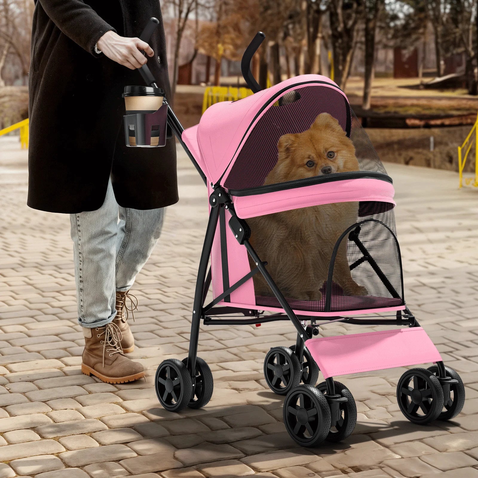 4 Wheel Foldable Lightweight Dog Stroller for Small Medium Dogs, Pet Stroller, (Pink)