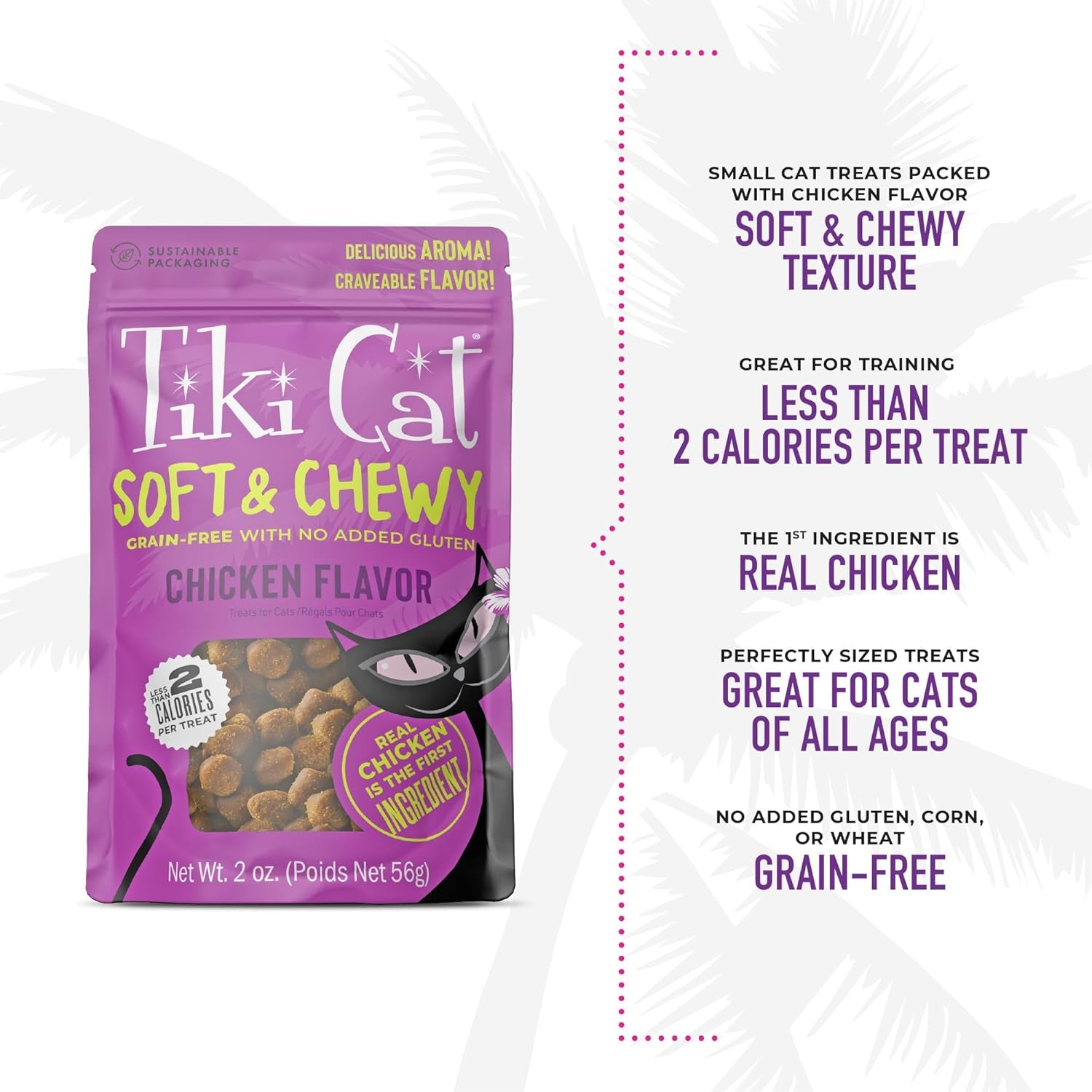 Tiki Cat Soft & Chewy Treats, Chicken Flavor, 3 Calories per Treat with Grain-Free and No Added Gluten, 2 Oz Pouch (Pack of 1)
