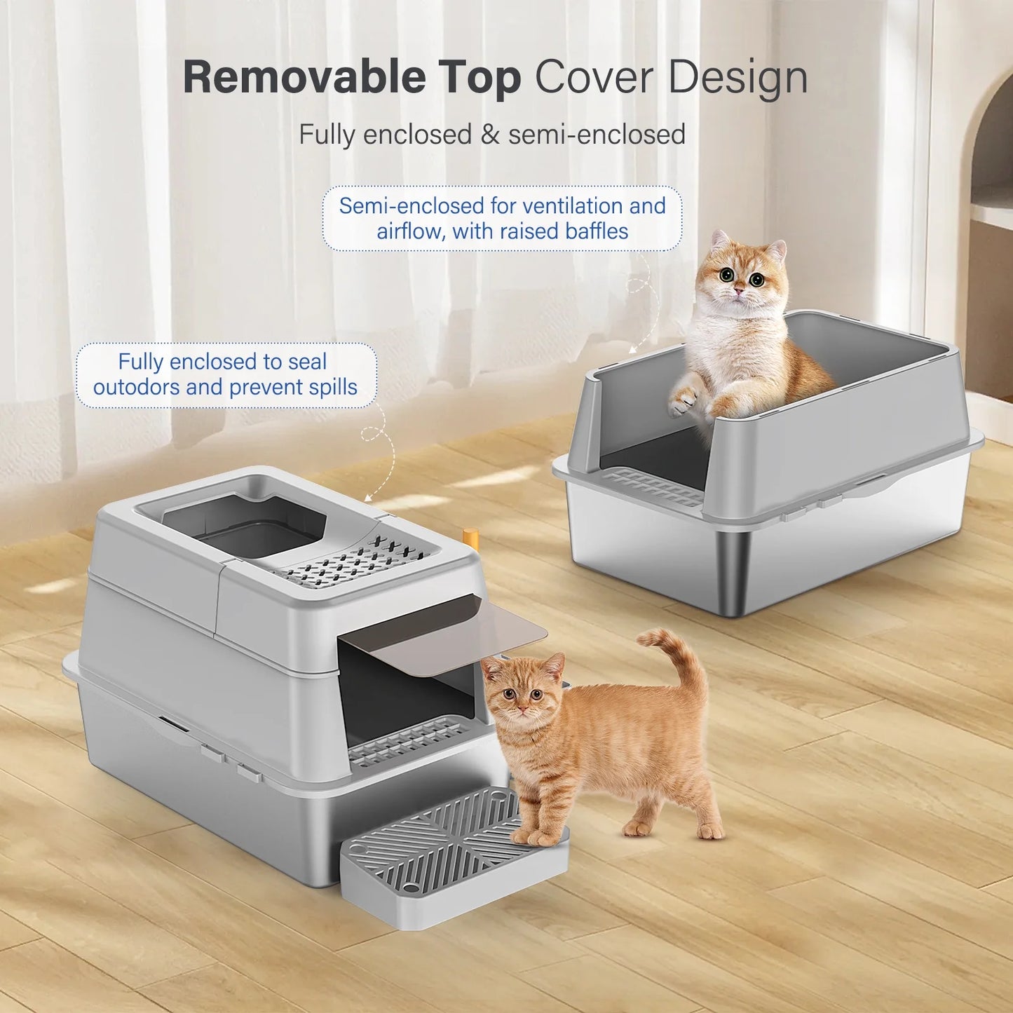 Stainless Steel Enclosed Cat Litter Box, Extra Large Top Entry with 110° Flip Cover & Pedal, Anti-Leakage, Grey
